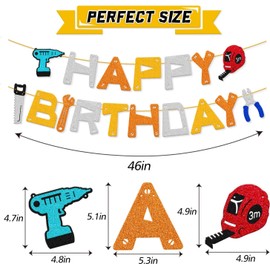 Confetti! Tools Birthday Banner – Drill, Tape Measure, Handsaw, Plier, Wrench, Toolbox, Hammer, Mechanic, Screwdrivers Themed Happy Birthday Party Decorations – Perfect for Kids & Friends' Parties