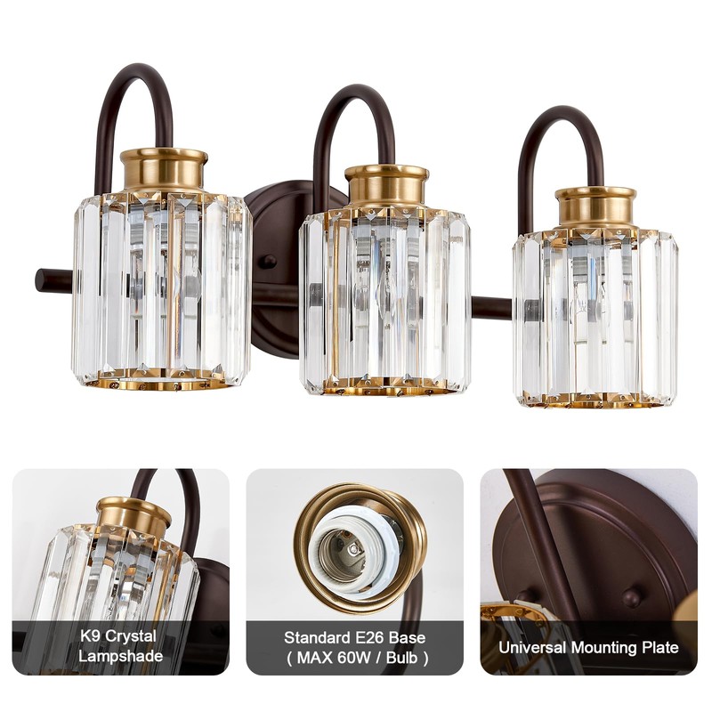 ALAISLYC ORB Bathroom Light Fixtures with K9 Crystal Lampshade Bathroom