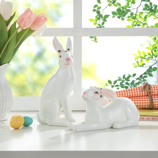 Glitzhome Elegant Easter Bunny Table Statue Decorations Set of 2