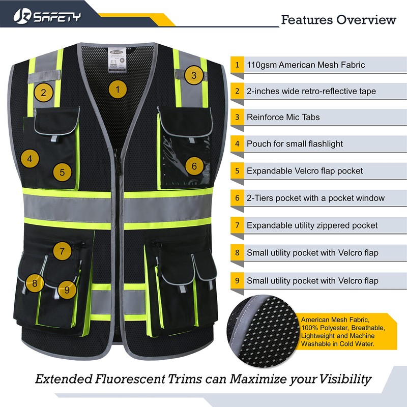 JKSafety 10 Pockets Hi-Vis Neon Color Frontal Zipper Mesh Safety