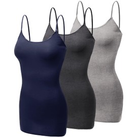 Emmalise Women's Basic Casual Long Camisole Adjustable Strap Cami Layering Top, Medium, 3Pk Navy, HTH Grey, HTH Charcoal