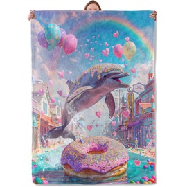Mounidso Donut Dolphins - Manta de franela con diseño de delfines para mujer, suave y cálida, ligera manta oceánica para sala de estar, hogar, sofá, decoración de viaje, 40 x 50 pulgadas