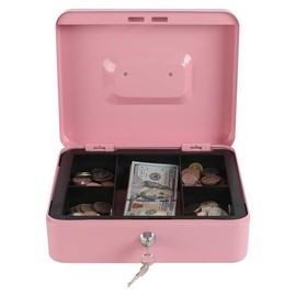 xydled Locking Steel Large Cash Box with Removable Coin Tray and Key Lock,9.84"x 7.87"x 3.54",Pink