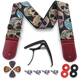 Guitar Straps, Acoustic Guitar Strap Electric Skull Pattern Includes 1 Guitar Capo,4 Guitar Strap Lock,4 Guitar Strap Button ,4 Guitar Picks for Bass, Electric & Acoustic Guitars