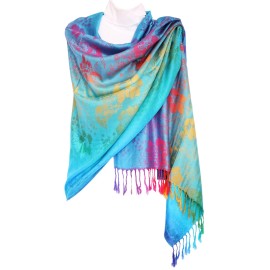Wrap Flower Print Ethnic Colorful Soft and Silky Pashmina Scarf Shawl Rainbow Wrap - Turquoise