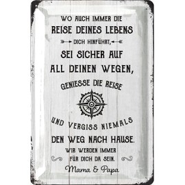 LANOLU Retro Tin Sign Enjoy the Journey of Your Life – Emotional Gift Daughter or Son from Mum and Dad – First Home Gift Excerpt Youth Consecration 20 x 30 cm