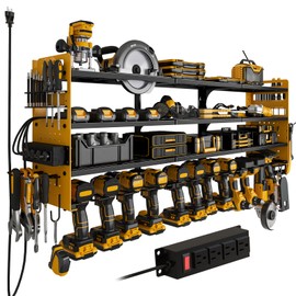 SEEAHEAD 12 Cordless Drill Holder Large Power Tool Organizer Wall Mount with Side Pegboard & Screwdriver Holder, 4-Tier Heavy Duty Metal Tool Storage Rack with 4-Outlet Power Strip