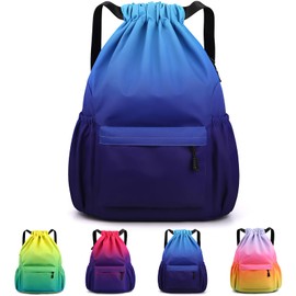 Sarmeley Drawstring Backpack Bags, Printed Drawstring Gym Bag for Men Women Girls Boys, Large Drawstring Bags Waterproof Gradient Draw String Bag Swimming Bag for Sport Shopping, Dark Blue
