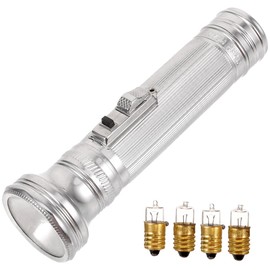 Veemoon Vintage Retro Metal Flashlight, Vintage Collectible Decorations Small Retro Silver Portable Flashlight with Replaceable 4 Bulbs for Home Outdoor Adventures Camping Collecting (Not Battery)