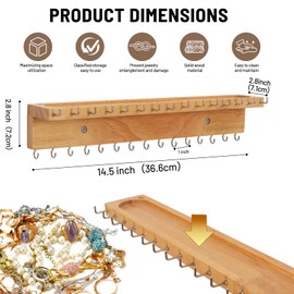NIUBEST Necklace Holder Organizer Wall Mount， Jewelry Holder Organizer with 30 Hooks，Oak Jewelry Organizer and Storage for Necklaces, Bracelets and Rings (Wood Color)