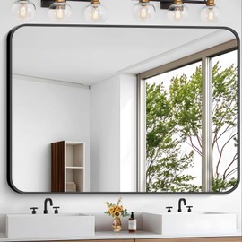 CIVENO Bathroom Mirror, 48 x 40 inch Black Rectangle Wall Mirror, Metal Frame Rectangular Vanity Mirror, Rounded Corner Wall Mounted Mirror for Modern Bedroom Living Room Hangs Horizontal/Vertical