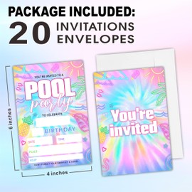 Pool Party Birthday Invitation Cards With Envelopes - Tie Dye Neon Pineapple - 20 Pcs Double-Sided Fill In Style Birthday Invites For Boys, Girls, Teen, Adults, Party Favor & Decorations - B04