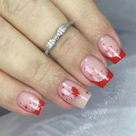Valentine's Day Press on Nails Short Square Fake Nails with Heart Designs Red French Tip Nails Press ons Glitter Glue on Nails Nude False Nails Valentines Stick on Nails for Women 24Pcs