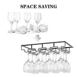 FOMANSH Wine Glass Rack Under Cabinet - Stemware Holder Metal Wine Glass Organizer Glasses Storage Hanger for Bar Kitchen Black 4 Rows