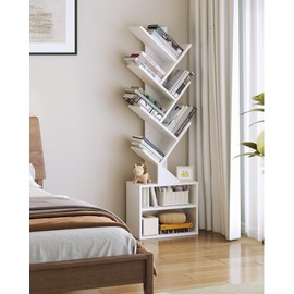 SUNMORY 6 Tier Tree Bookshelf, Tall Bookcase with Storage Cabinet, Modern Narrow Bookshelves Organizer, Floor Standing Book Shelf for Bedroom/Living Room/Home Office/Corner, White