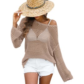 ANRABESS Womens Crochet Cover Up Summer Long Sleeve Loose Fit Casual Sweater Tops Hollow Out Knit Swimwear 2025 Beach Shirts Khaki Medium