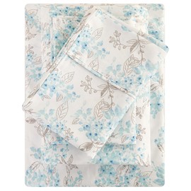 Viviland Floral Queen Sheet Set 4 Pieces Light Blue Flower Bed Sheet Soft Breathable Brushed Microfiber Bedding Sheets & Pillowcases Wrinkle Free Fitted Sheet with 15" Deep Pocket for Queen Size