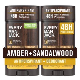 Every Man Jack Men’s Amber + Sandalwood Antiperspirant Deodorant – New & Improved Formula – Smooth Glide, 48-Hour Odor & Sweat Defense– 2.6 oz (2 Pack)