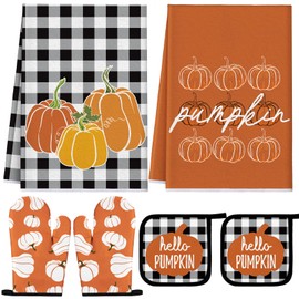 Bencailor Fall Kitchen Towels Pot Holders and Oven Mitts Set Vintage Fall Dish Towel Absorbent Soft Pumpkin Pot Holders for Autumn Thanksgiving Supply(Black,White,Orange,Orange Pumpkin)