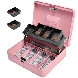 Sgorlds Cash Box Metal Money Box with Tray & Key Lock,Tiered Locking Cash Boxes,Durable Lock Safe Box with Key,4 Bill 5 Coin Slots,Cantilever Design,Large (Large, Top-Key Pink)