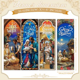 Moukeren 4 Pcs Christmas Church Banners Nativity Scene Banners Backdrops Xmas Religious Hanging Banners Jesus Merry Christmas Decorations for Winter Holiday Sanctuary Home Party Wall Decor Supplies