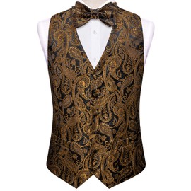 Hi-Tie Mens Silk Vest Bowtie Set Black Gold Paisley Formal Suit Vest Jacquard Tie Handkerchief Cufflinks 5PCS Dress Waistcoats Wedding