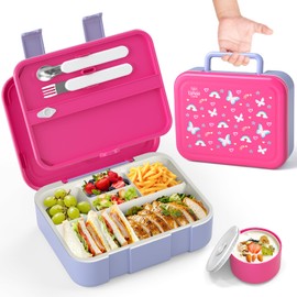Lehoo Castle Bento Lunch Box for Kids, 1250ml Girls Lunchbox with 5 Compartments, Toddler Lunch Containers with Spoon&Fork, Sauce Jar, Leakproof, BPA-Free(Butterfly)