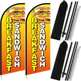 Boao 2 Sets 7 ft Breakfast Sandwiches Swooper Flag Signs, Breakfast Sandwiches Feather Flag Banners with Stainless Steel Flagpole, Ground Stake, Eye-catching Business Sign Banner for Store Advertising
