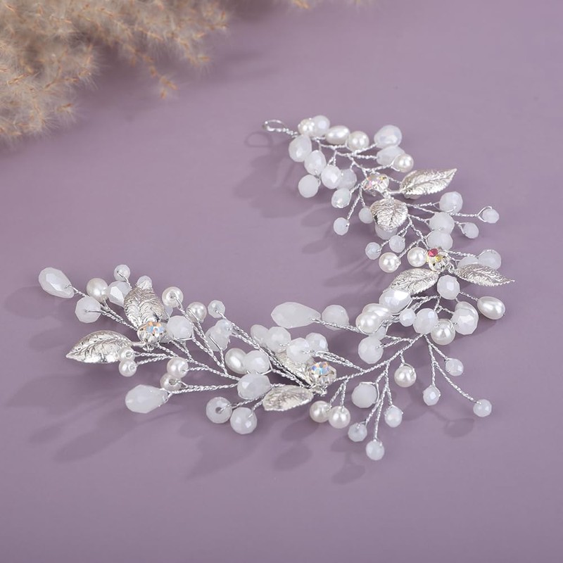 Teyglen Silver Leaf Crystal Hair Vine Bridal Rhinestone Headband Handmade