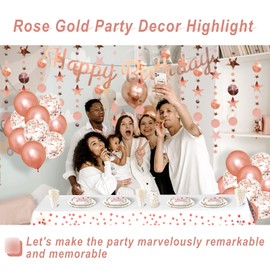 Rose Gold Birthday Party Supplies for 20 Guests - Rose Gold Happy Birthday Banner, Glitter Circle Dot Garland Streamer with Rose Gold Party Plates and Cups, Tablecloth, Balloons for Women Girl Birthday Party