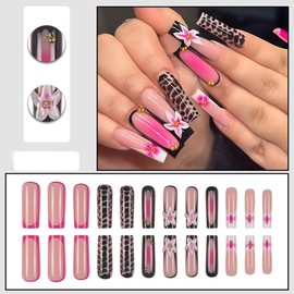 Square Press on Nails Long Fake Nails French Tip False Nails 3D Flower with Leopard print Designs Pink and Black Fall Artificial Nails for Women 24pcs