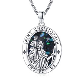 XIXLES Sterling Silver St Christopher Pendant Necklace for - Abalone Shell Medal Protection Jewelry Religious Gift