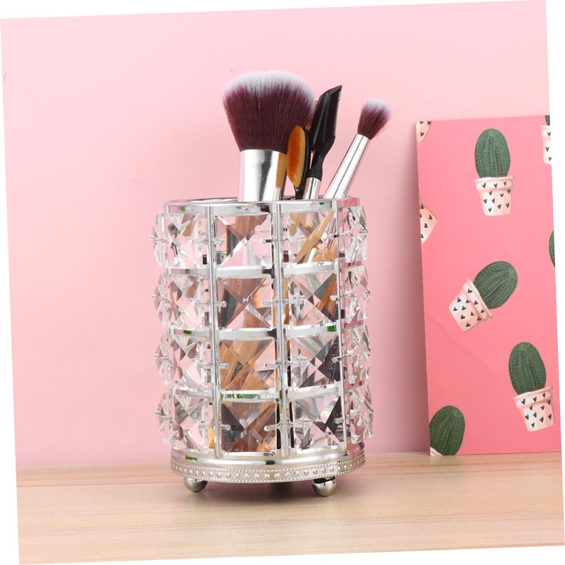 IWOWHERO Makeup Brush Holder Large Silver Hollow Lace Crystal Cosmetics