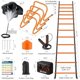 X-UMEUS Agility Ladder Speed Training Equipment Set-20ft Agility Ladder,12 Soccer Cones,4 Hurdles, Jump Rope, Running Parachute| Basketball Football Soccer Training Equipment for Kids Youth Adults