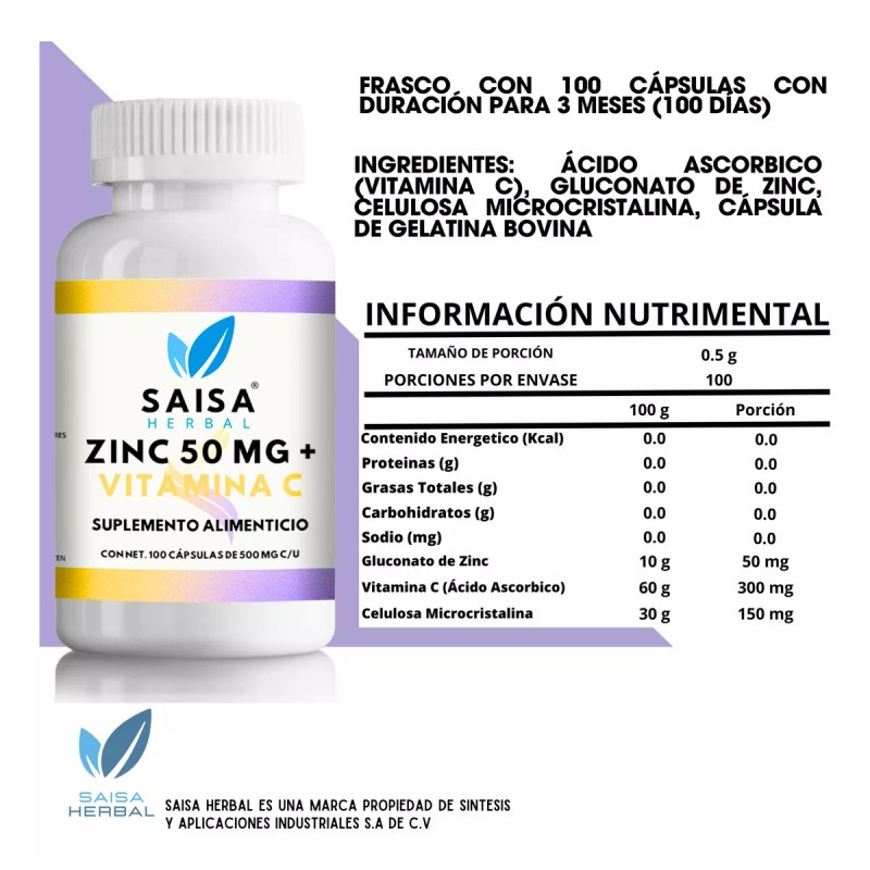 Saisa Herbal Gluconato De Zinc 50mg + Vitaminac 100 Cáps