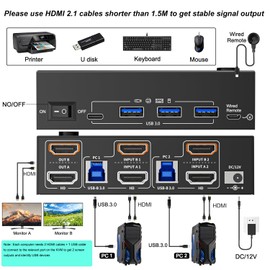 Dual Monitor 8K HDMI KVM Switch 8K@60Hz 4K@120Hz HDMI USB 3.0 KVM Switch Extended Display 2 Monitors 2 Computers KVM Switches with USB 3.0 Cables Wired Controller