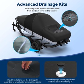 Fonzier Boat Cover with Fast Drainage Kits, 1400D Middle Reinforced Heavy Duty Waterproof Polyester Canvas with Storage Bag Fits 16'-18.5' V-Hull, Tri-Hull, Runabout Bass Boat, Fish & Ski, Black