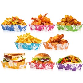HOWAF 24 PCS Hibiscus Party Paper Food Trays Disposable Food Boats 5 lb Hawaiian Food Tray Party Supplies for Hibiscus Party Hawaiian Aloha Party Tropical Summer Party Decorations