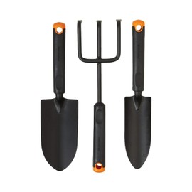 Fiskars - Juego de herramientas de jardín de 3 piezas, paleta, trasplantador, cultivador, cabezales de acero resistentes al óxido, asas ergonómicas para plantar, excavar y airear el piso