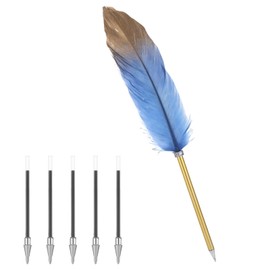 Chanumetal Nib with 5 Ballpoint Pen Refills, Vintage Feather Pens for Weddings, Letter Writing, Signature, Office (Blue)