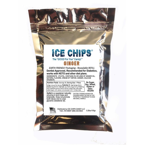 ICE CHIPS Xylitol Candy in Large 5.28 oz Resealable Pouch; Low Carb & Gluten Free (Ginger)