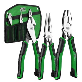 SK 3-Piece Pliers Set, 9.5-Inch Linesman Pliers, 8-Inch Diagonal Pliers, 8-Inch Needle Nose Pliers, Premium CR-V Construction, Ergonomic Non-slip Handle, with Rolling Pouch