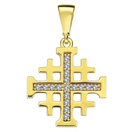 Solid 14k Yellow Gold Religious Crusaders Jerusalem Cross Pendant with Cubic-Zirconia