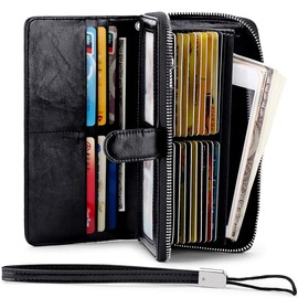 JEEBURYEE Womens Wallet Genuine Leather RFID Blocking Credit Card Holder Large Capacity Ladies Zipper Long Clutch Purse with Wrist Strap Black