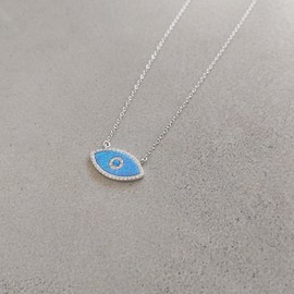 AVNIS Custom Blue Opal Evil Eye Necklace - 925 Sterling Silver Evil Eye Necklace with CZ Stones, Protection Necklace for Women, 16 +2 Inches Extension
