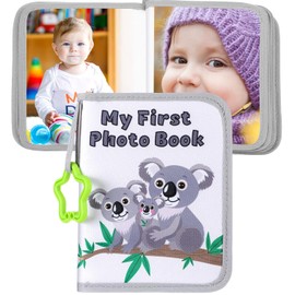Gray Koala Baby Photo Album – My First Soft Cloth Family Photo Book with Baby-Safe Mirror & Name Tag Stickers, Holds 17 4x6 Photos for Newborn Toddler