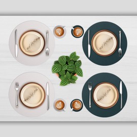 Myir JUN Round Table Placemats Set of 6 Faux Leather Place Mats and Coasters 15 inch Round Placemats Dual Sided Placemats Non-Slip Placemats Stain Resistant Placemats (Beige & Green, Set of 6)