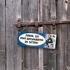 Please sit pee metal sign in blue comic style a