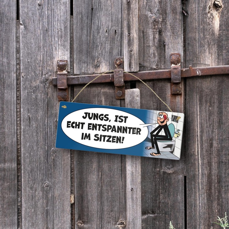 Please sit pee metal sign in blue comic style a