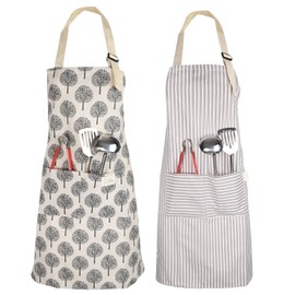 Pack of 2 Women's Aprons, Cooking Apron, Women's Gown Apron, Cotton Kitchen Apron with Adjustable Neck Strap for Cooking, Baking, Housework, cream-coloured